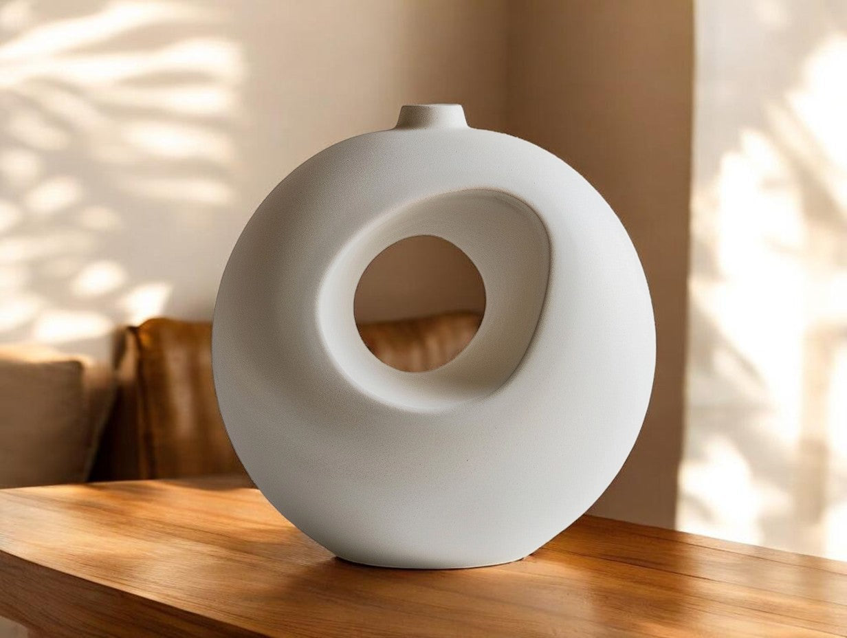 Lhome Modern Geometric Ceramic Donut Vase - Matte White Minimalist Flower Pot for Tabletop Decor