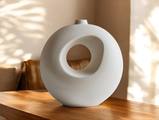 Lhome Modern Geometric Ceramic Donut Vase - Matte White Minimalist Flower Pot for Tabletop Decor