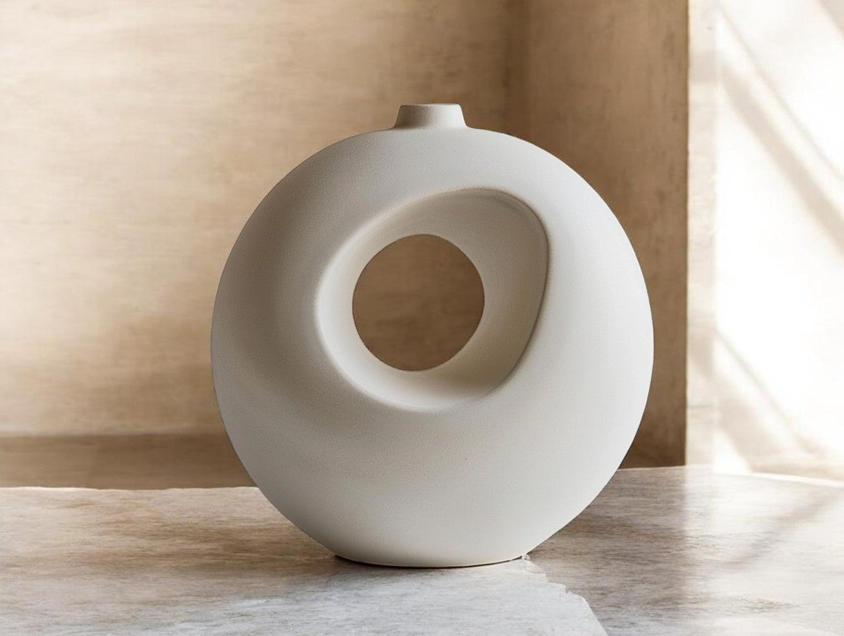Lhome Modern Geometric Ceramic Donut Vase - Matte White Minimalist Flower Pot for Tabletop Decor