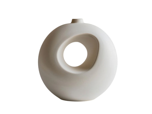 Lhome Modern Geometric Ceramic Donut Vase - Matte White Minimalist Flower Pot for Tabletop Decor