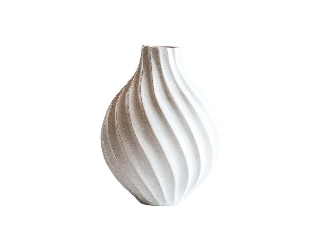 Lhome Ribbed Wave Ceramic Vase - Minimalist Matte White Origami Flower Vase for Living Room
