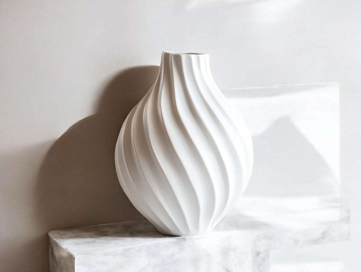 Lhome Ribbed Wave Ceramic Vase - Minimalist Matte White Origami Flower Vase for Living Room