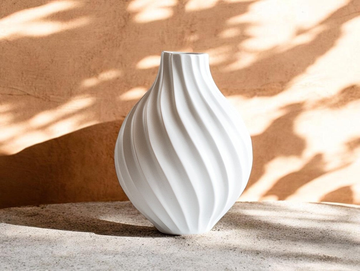 Lhome Ribbed Wave Ceramic Vase - Minimalist Matte White Origami Flower Vase for Living Room